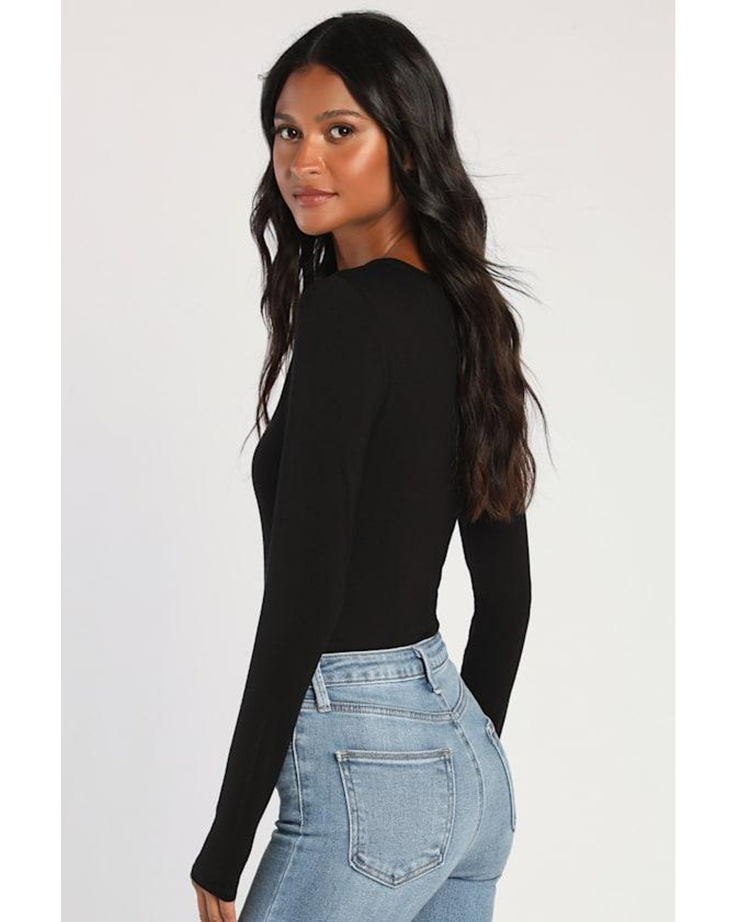 Lulus Black Clean Look V-Neck Long Sleeve Bodysuit
