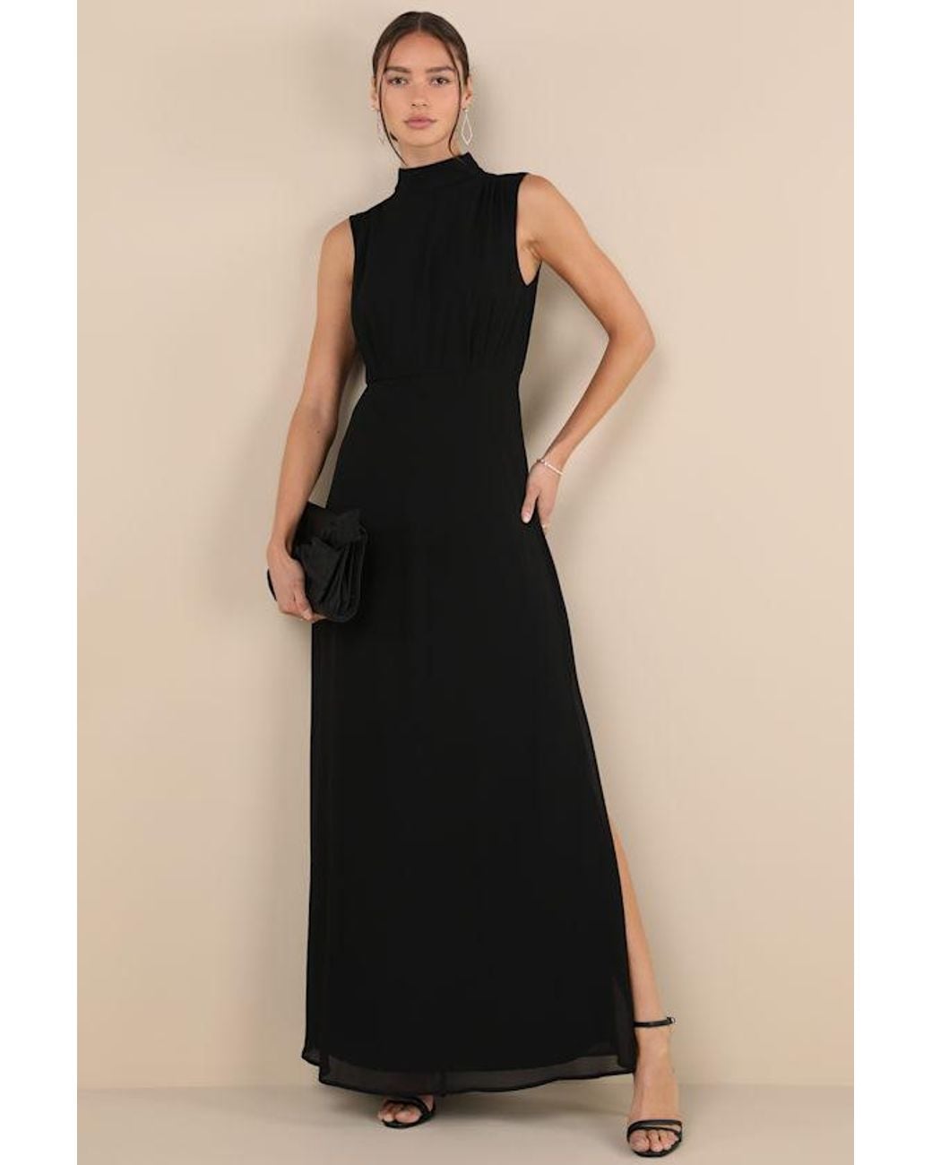 Lulus Black Classic Elegance Chiffon Sleeveless Mock Neck Maxi Dress