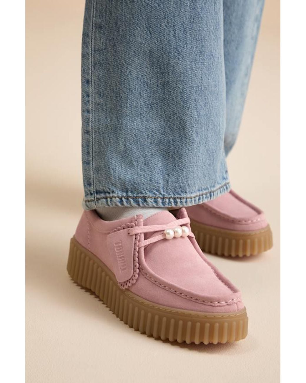 Clarks Pink Torhill Bee Suede Leather Flatform Lace-Up Loafers