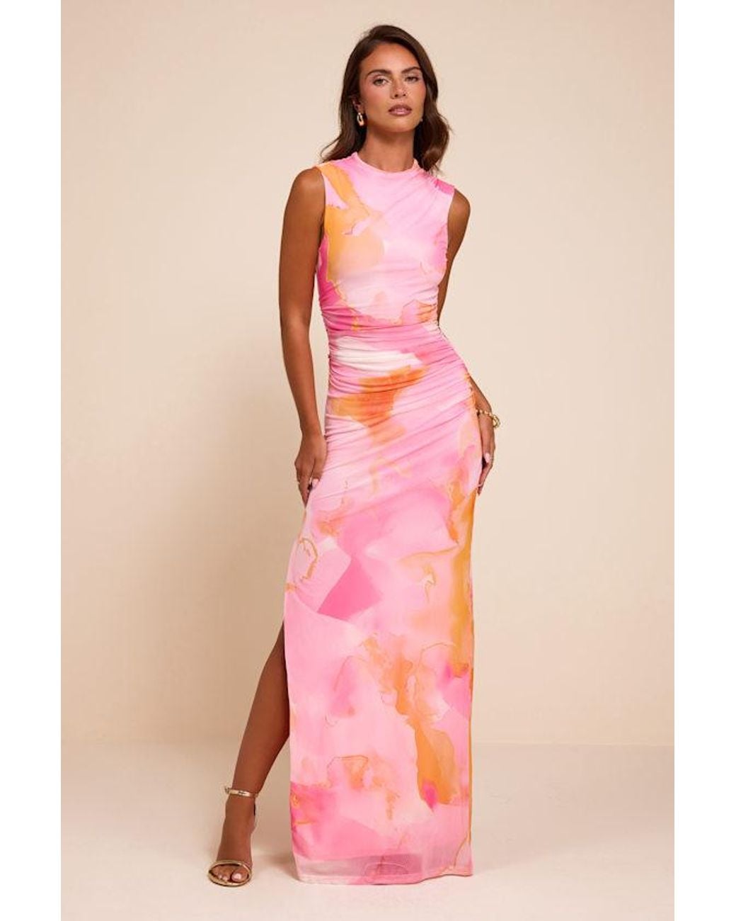 Lulus Pink Aldea Multi Mesh Mock Neck Maxi Dress