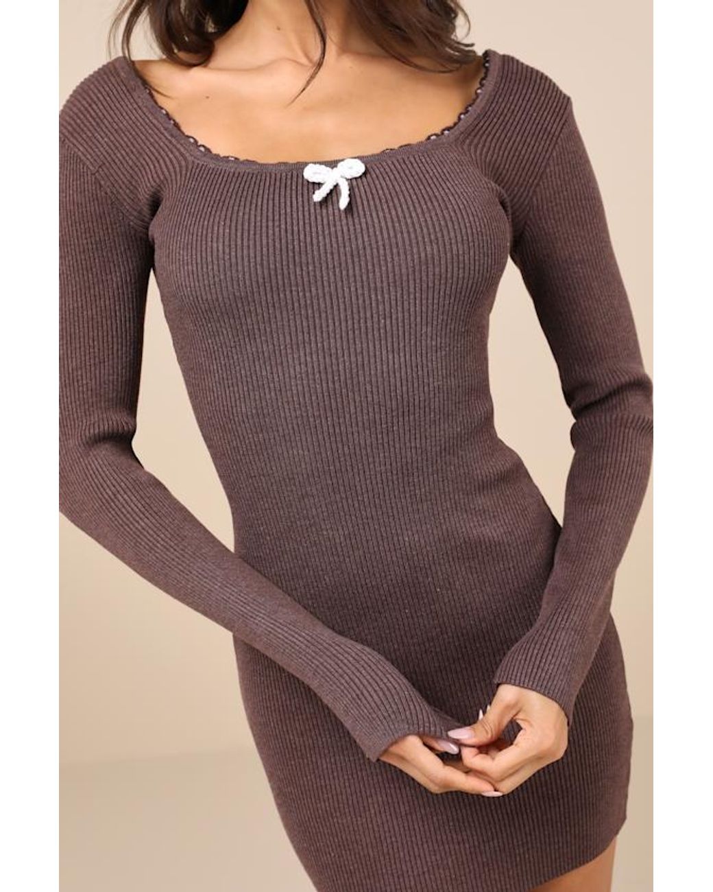 Daisy Street Brown Sweetest Joy Heather Long Sleeve Sweater Mini Dress