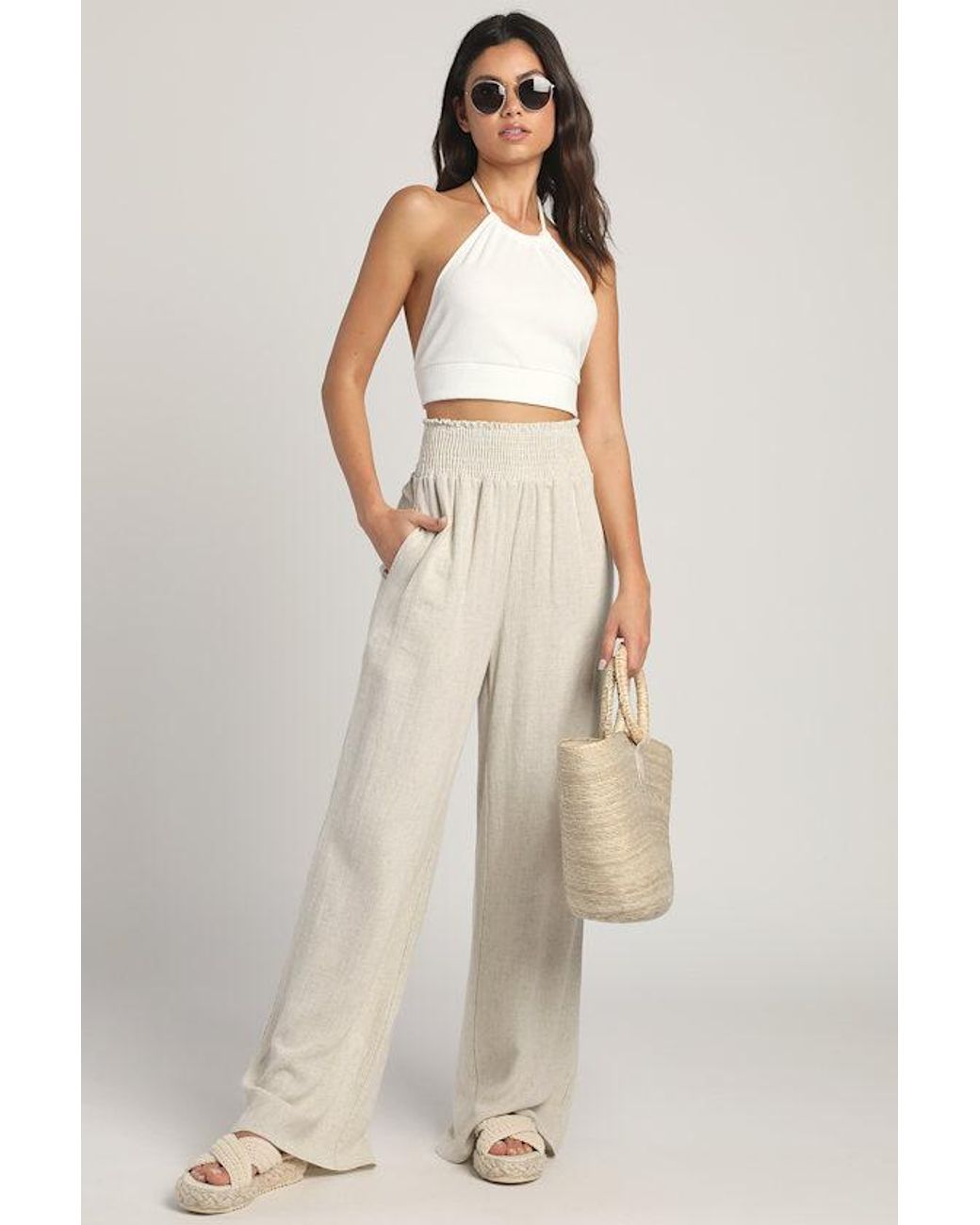 Lulus Natural Hit The Breeze Smocked Wide-Leg Pants