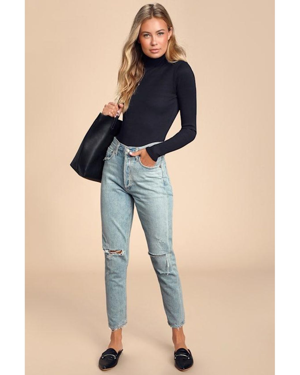Lulus Basics Black Wilde Ribbed Long Sleeve Mock Neck Bodysuit
