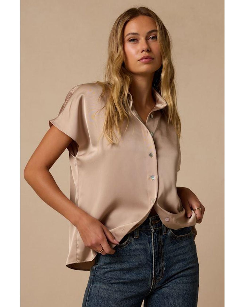 Lulus Natural Dena Taupe Satin Button-Up Top