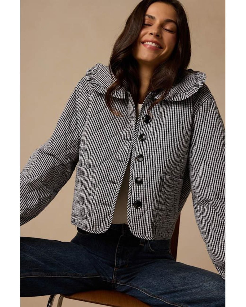 Lulus Gray Ilona Gingham Quilted Collared Jacket