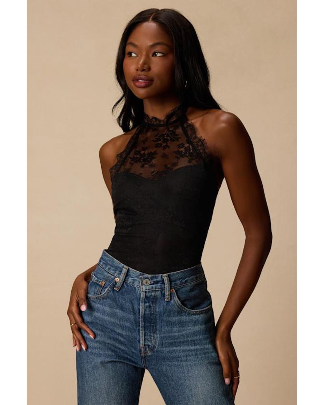Lulus Blue Cambrie Lace Halter Bodysuit