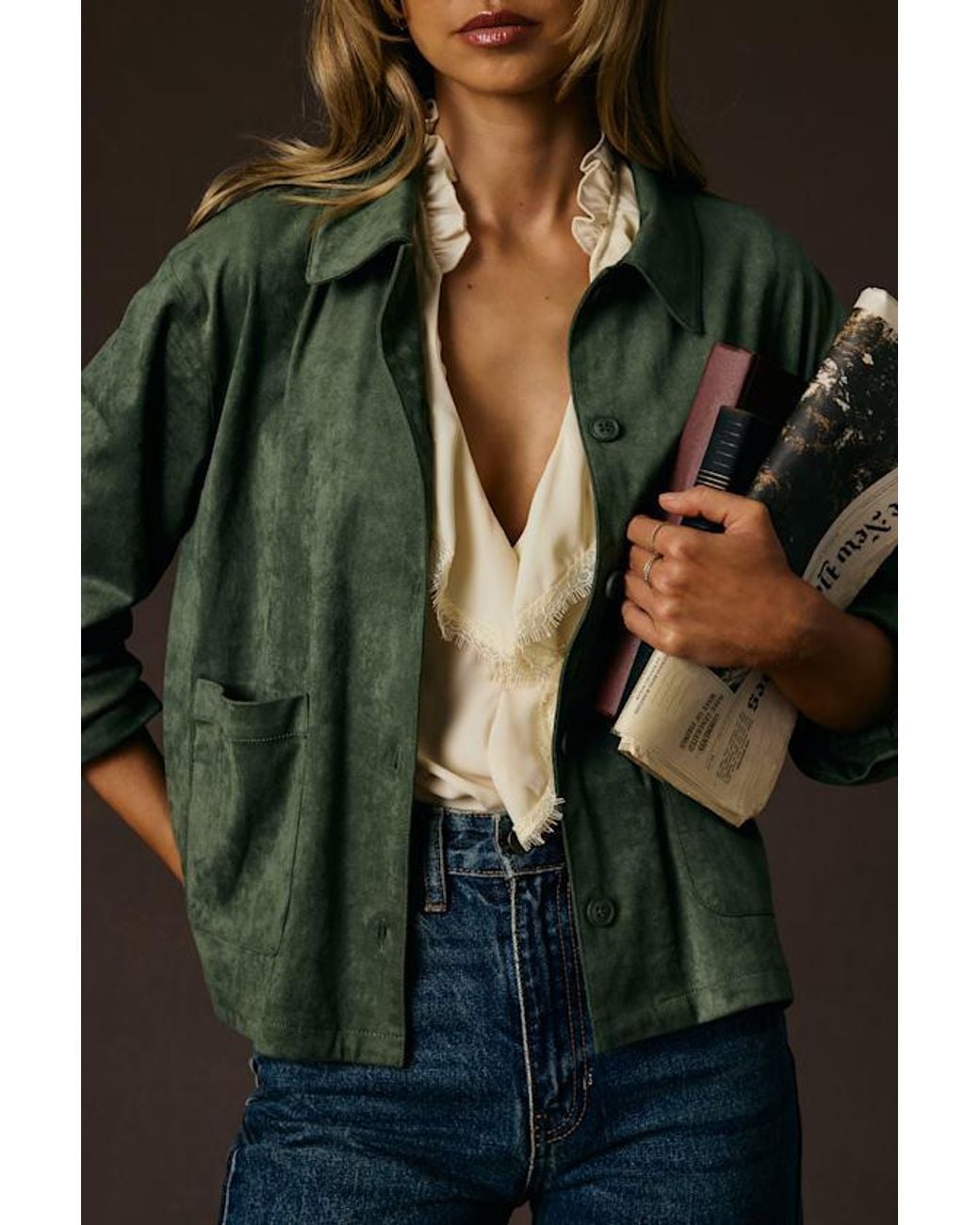 Lulus Green Hilary Suede Collared Jacket