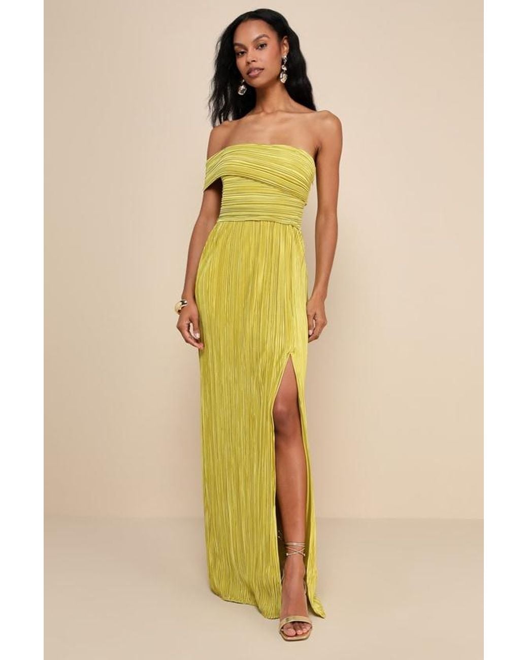 Lulus Yellow Poised Performance Chartreuse Plisse One-Shoulder Maxi Dress