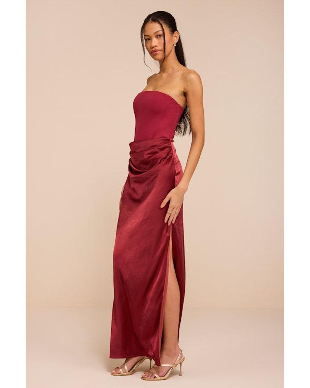 Lulus Red Mella Mixed Media Strapless Maxi Dress