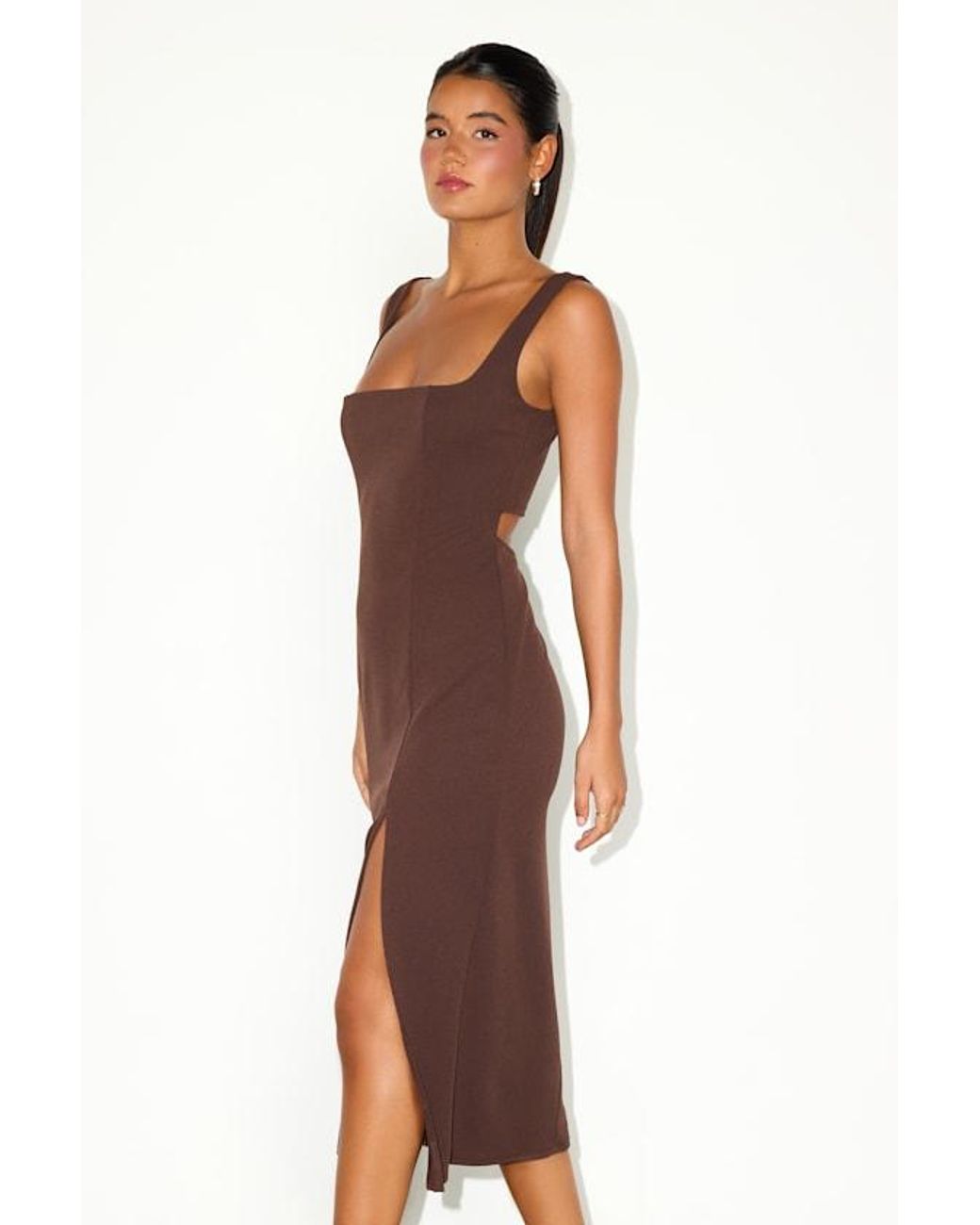 Lulus Brown Davana Dark Cutout Midi Dress