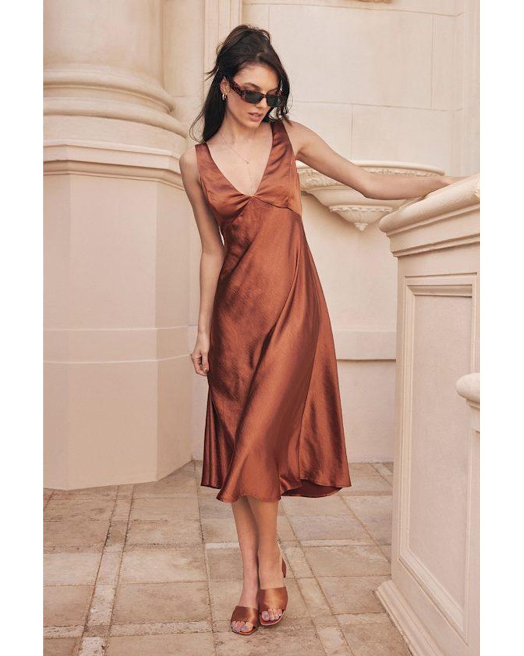 Lulus Brown Incredible Love Satin Cowl Back Midi Slip Dress