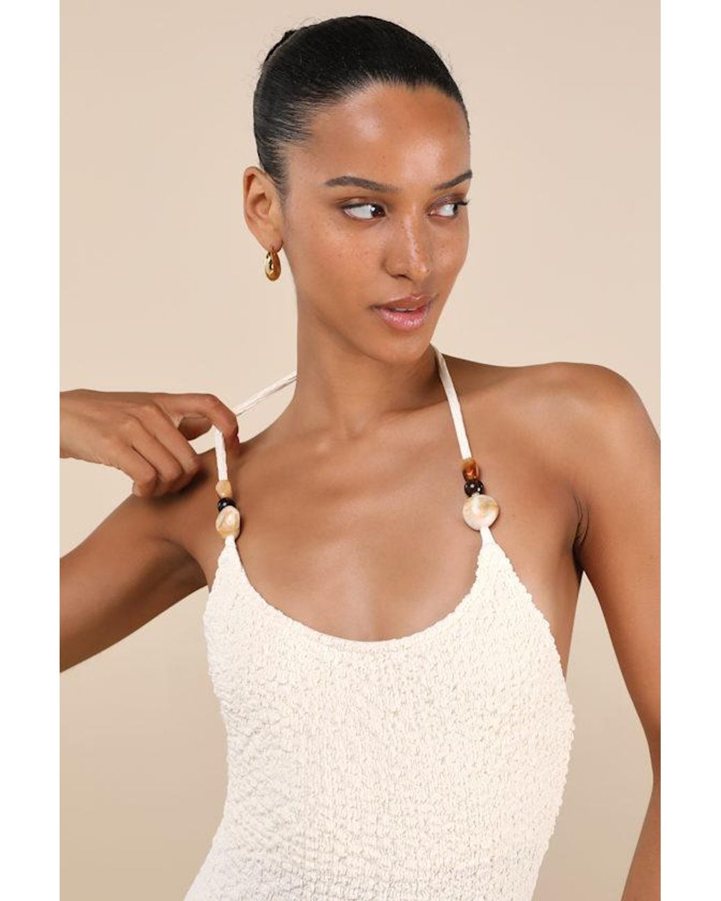 Lulus Natural Meike Cream Textured Knit Beaded Halter Midi Dress