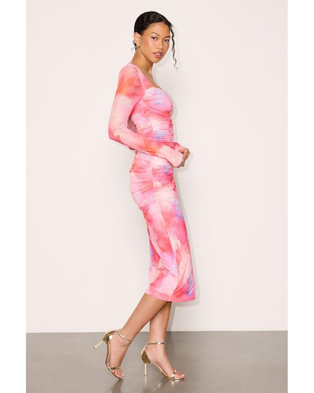 Lulus Pink Sola Multi Abstract Print Mesh Midi Dress