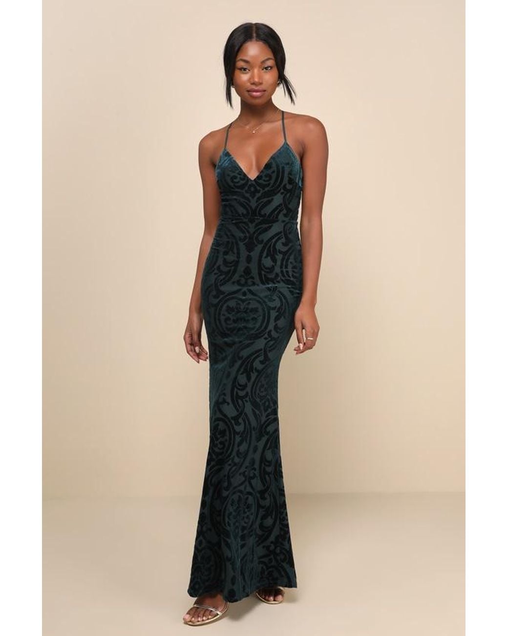 Lulus Blue Marvelous Icon Emerald Velvet Glitter Backless Maxi Dress