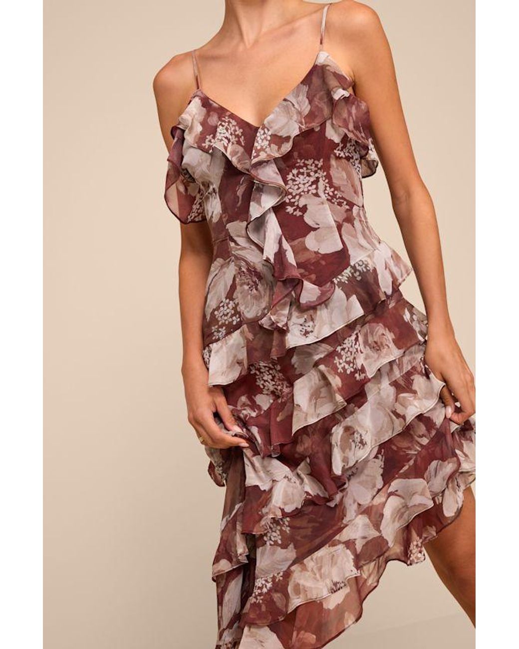 Lulus Natural Sinclair Floral Ruffled Midi Dress