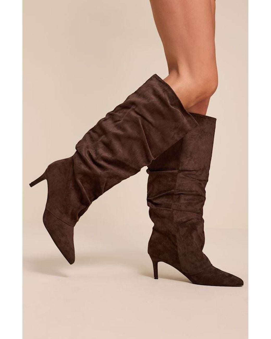 Lulus Brown Maggie Suede Pointed-Toe Ruched Knee-High Boots