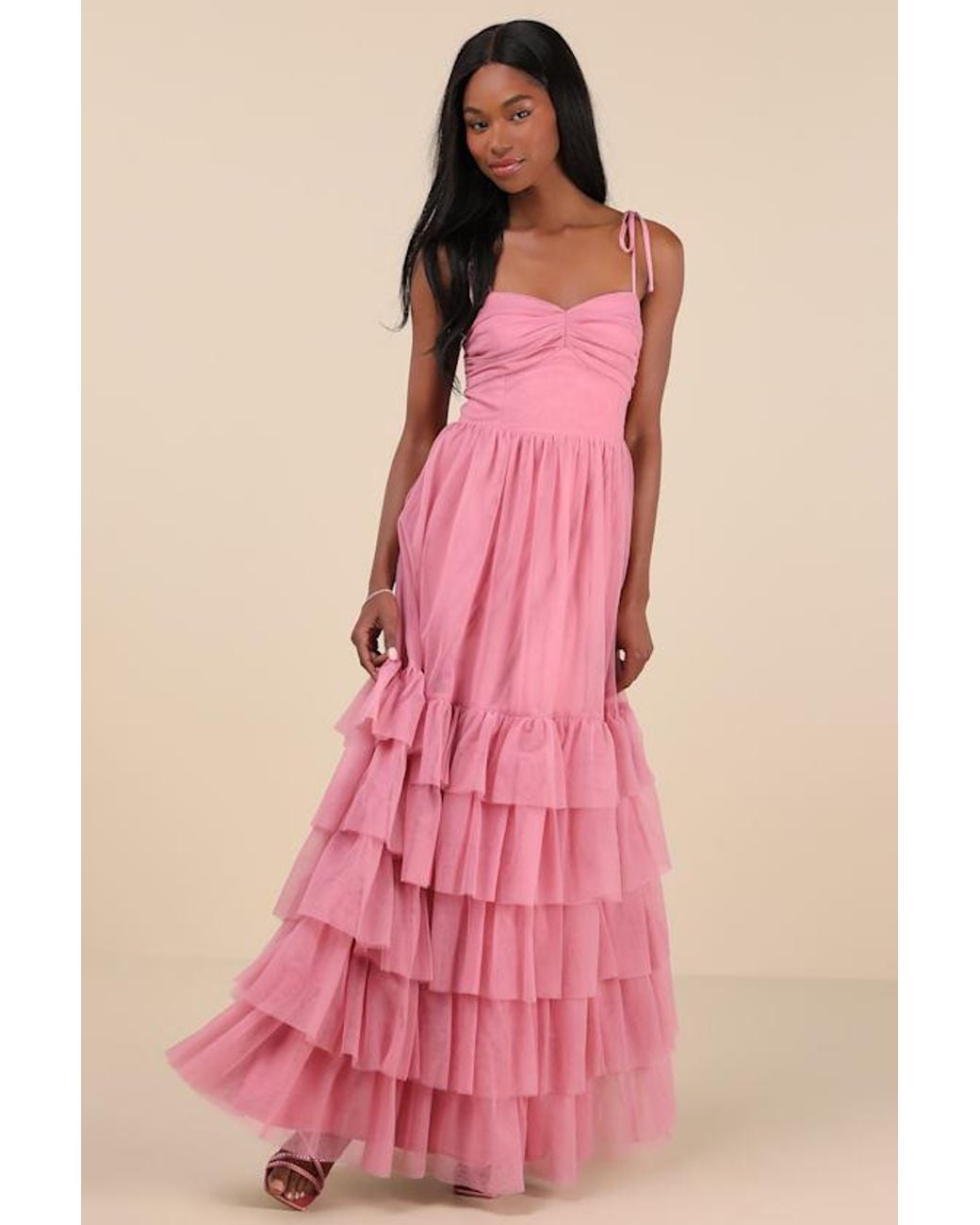 Lulus Pink Endlessly Darling Mesh Tiered Tie-Strap Maxi Dress