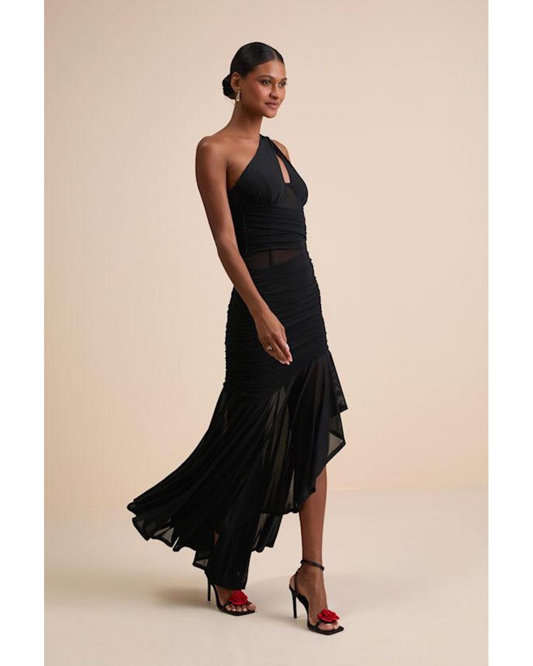 Lulus Black Marcellina Mesh Ruched One-Shoulder Maxi Dress