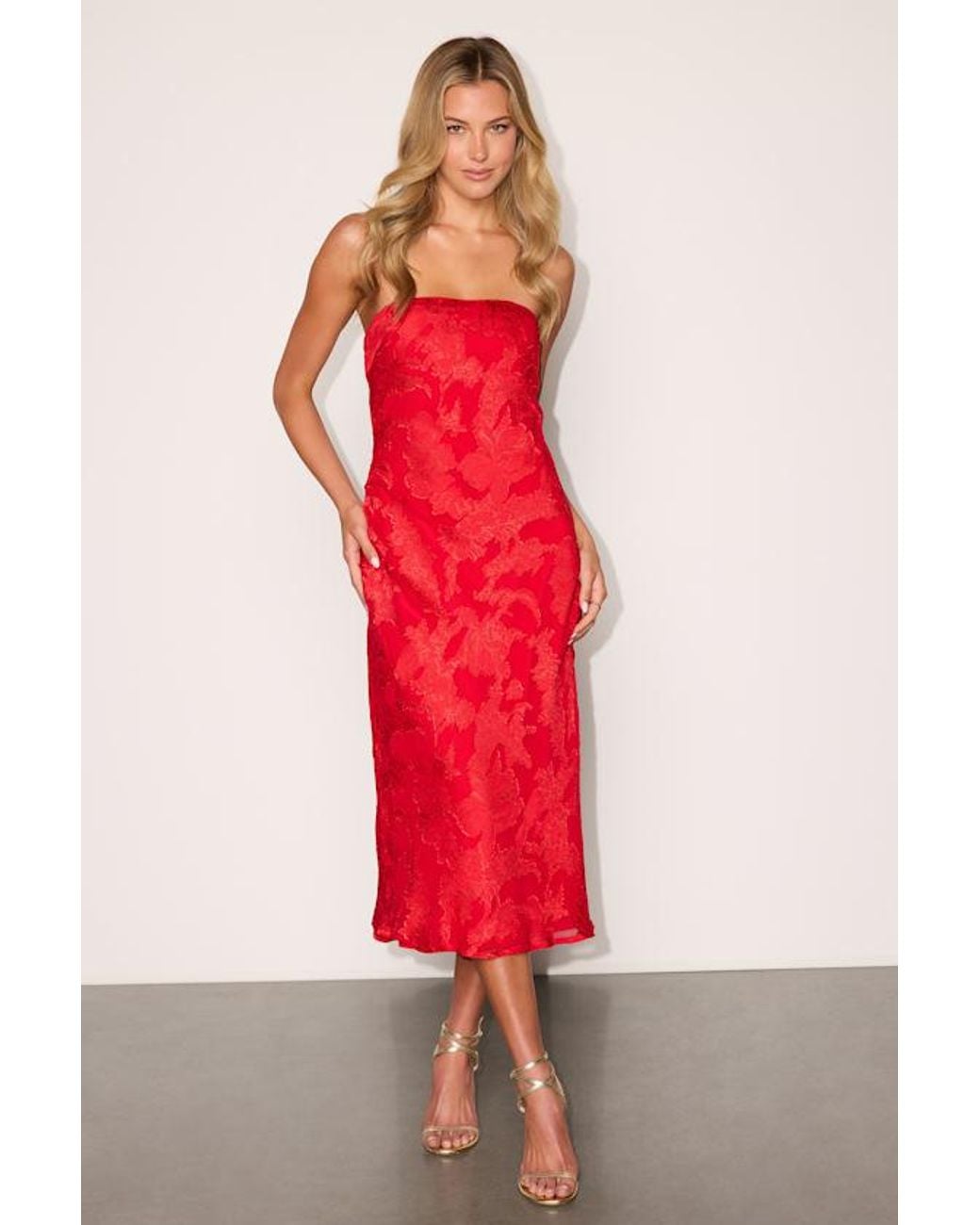Lulus Red Letta Floral Jacquard Cowl Back Midi Dress
