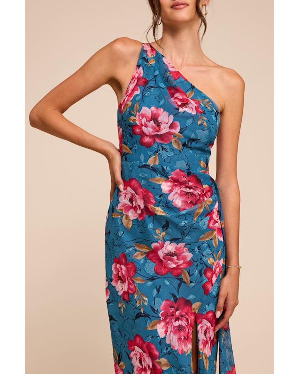Lulus Blue Miki Floral Print One-Shoulder Sash Maxi Dress
