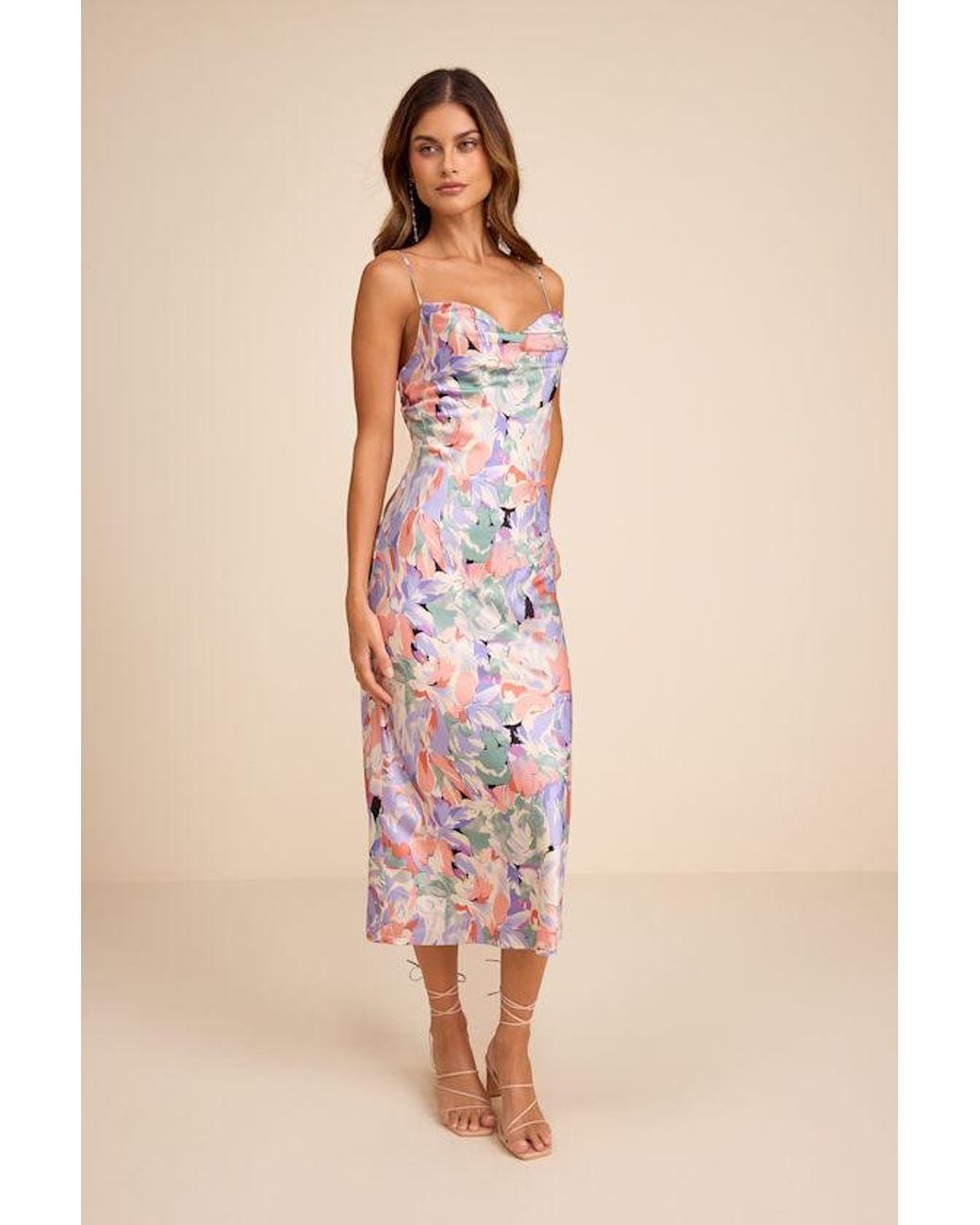 Lulus Pink Favorite Icon Floral Satin Cowl Neck Slip Midi Dress
