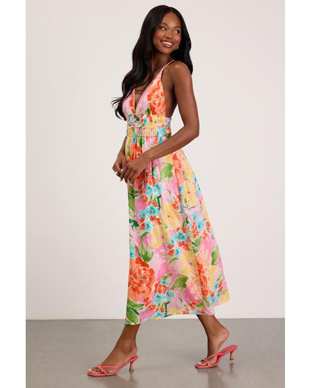 Lulus Pink Layne Multi Floral Backless Midi Dress