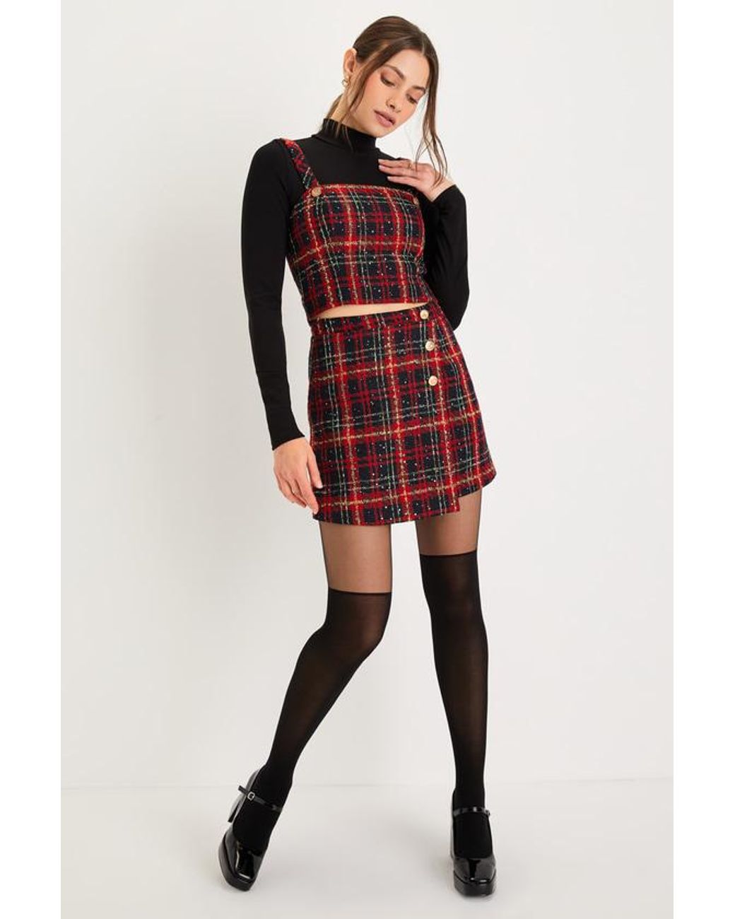 Lulus Red Adorably Posh Plaid Tweed Faux-Wrap Mini Skirt