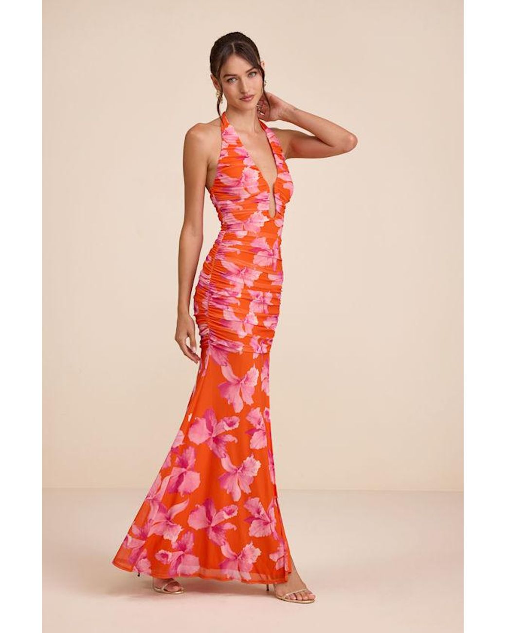 Lulus Red Fiametta And Floral Ruched Maxi Dress