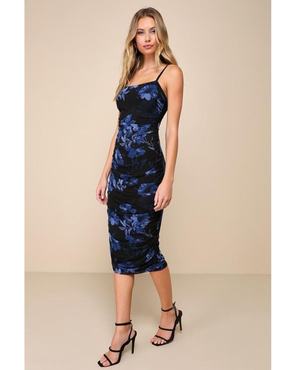 Lulus Blue Date Night Beauty Floral Print Mesh Ruched Midi Dress