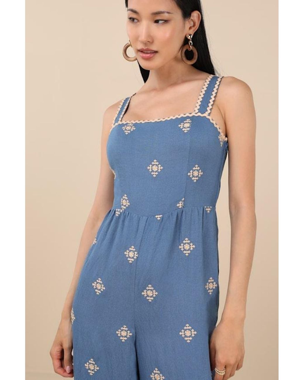 Lulus Blue Arwen Embroidered Wide-Leg Jumpsuit