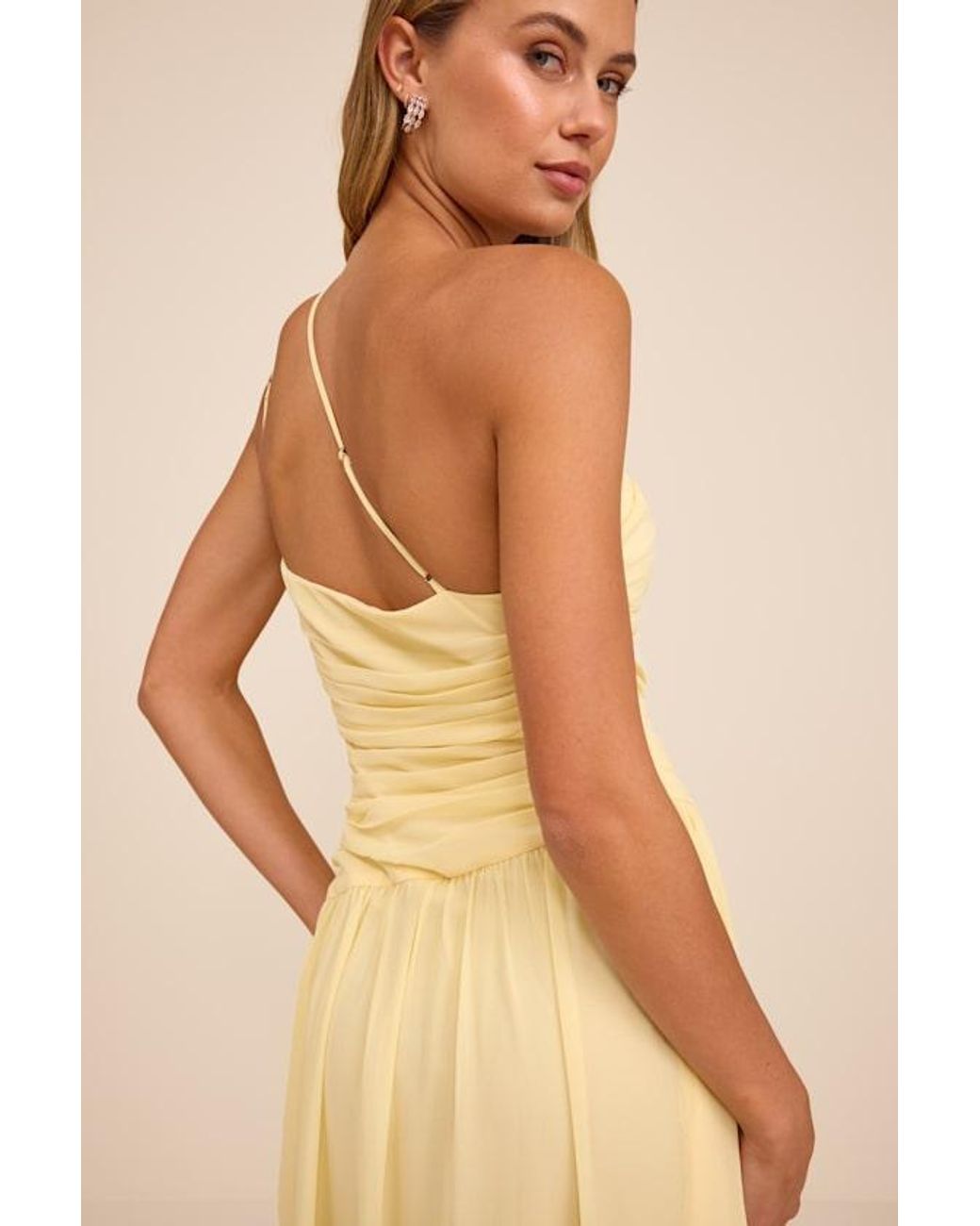 Lulus Natural Marcela Pale Ruched One-Shoulder Maxi Dress