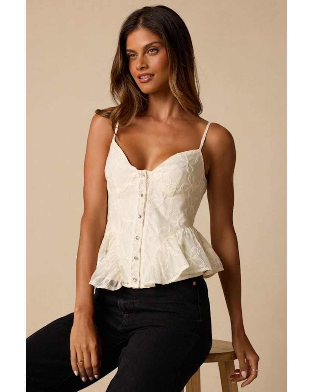Lulus Natural Pauleena Embroidered Peplum Top