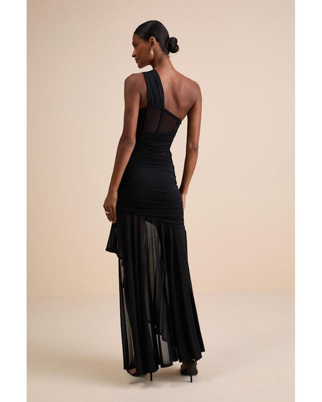 Lulus Black Marcellina Mesh Ruched One-Shoulder Maxi Dress