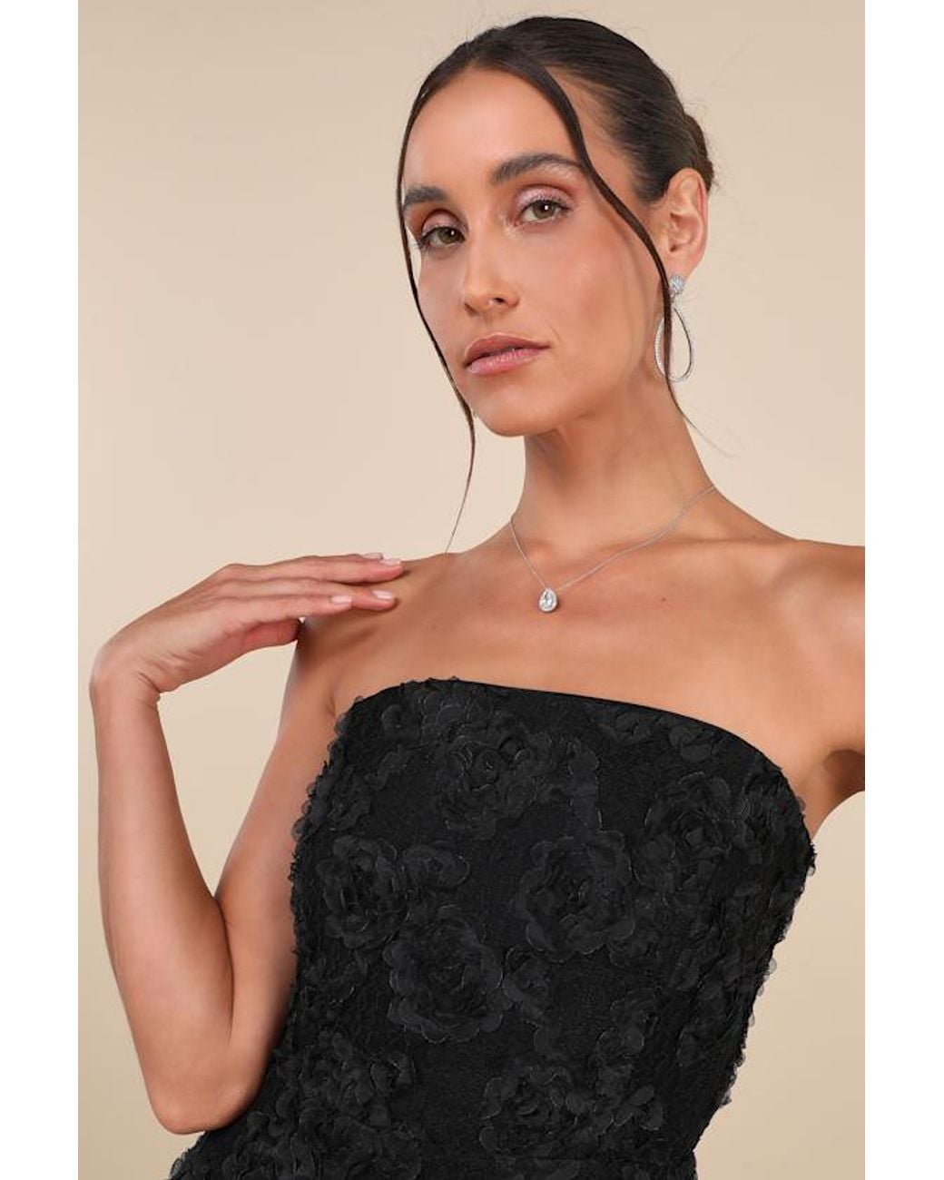 Lulus Black Flawless Perfection Floral Applique Strapless Midi Dress