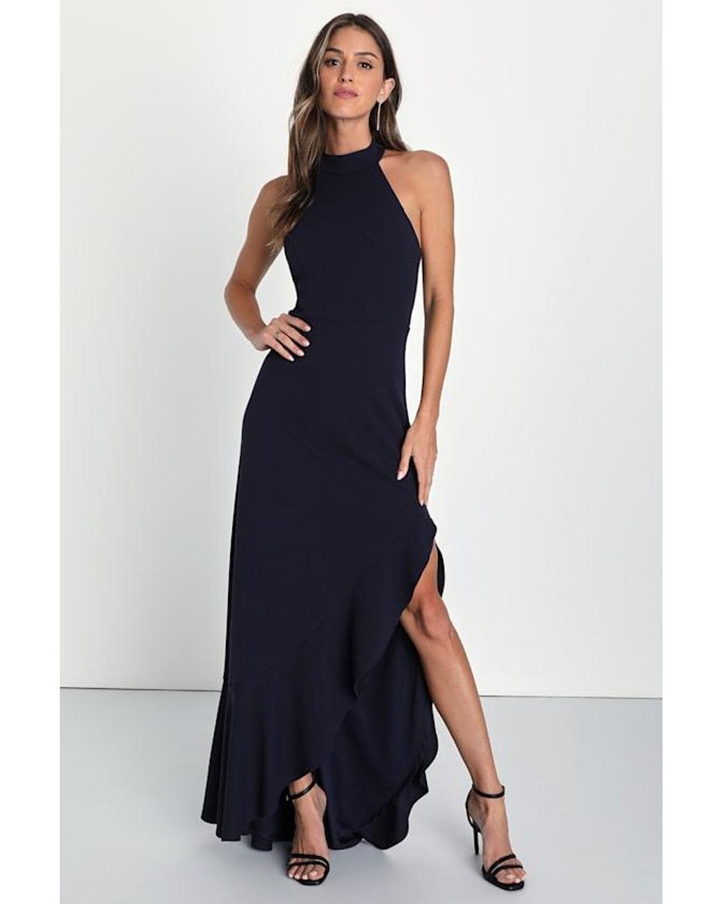 Lulus Blue Majestic Perfection Ruffled Halter Maxi Dress
