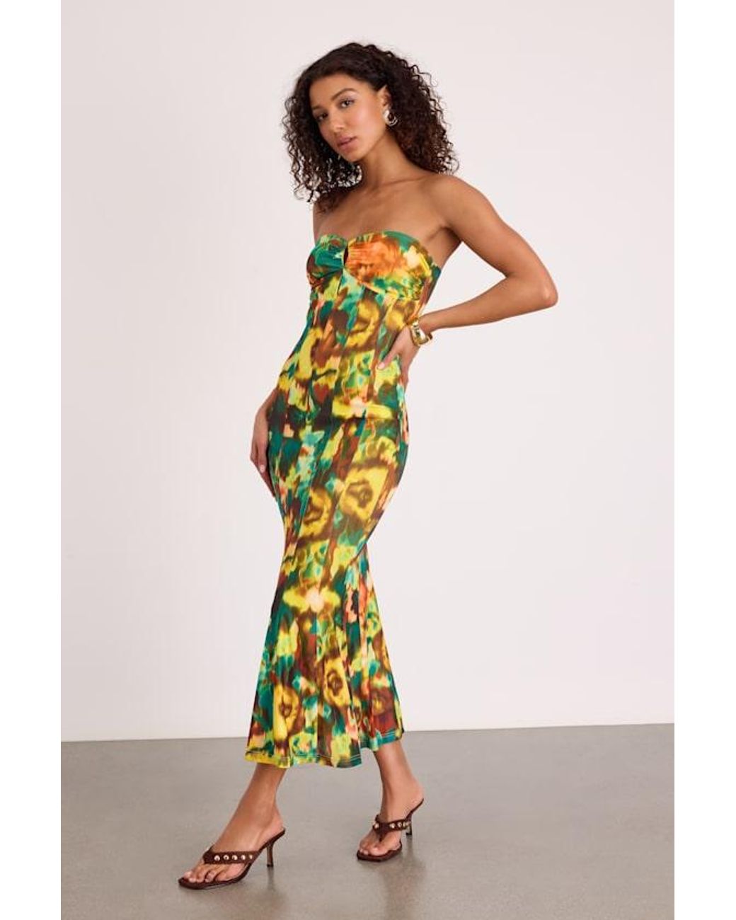 Lulus Yellow Islay Multi Abstract Mesh Strapless Midi Dress