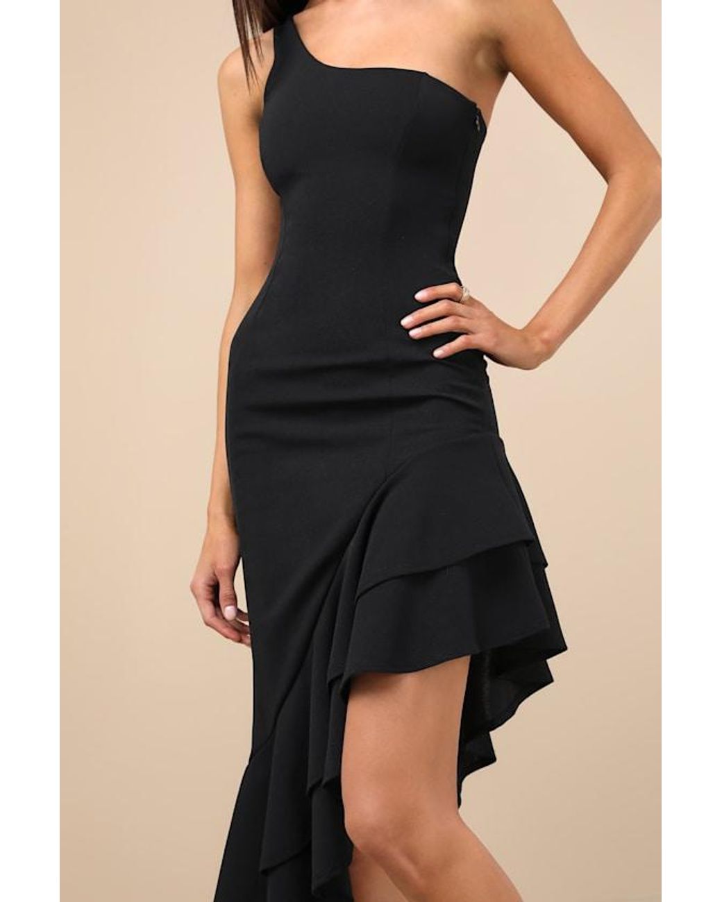 Lulus Black Steal A Glance One-Shoulder Asymmetrical Midi Dress
