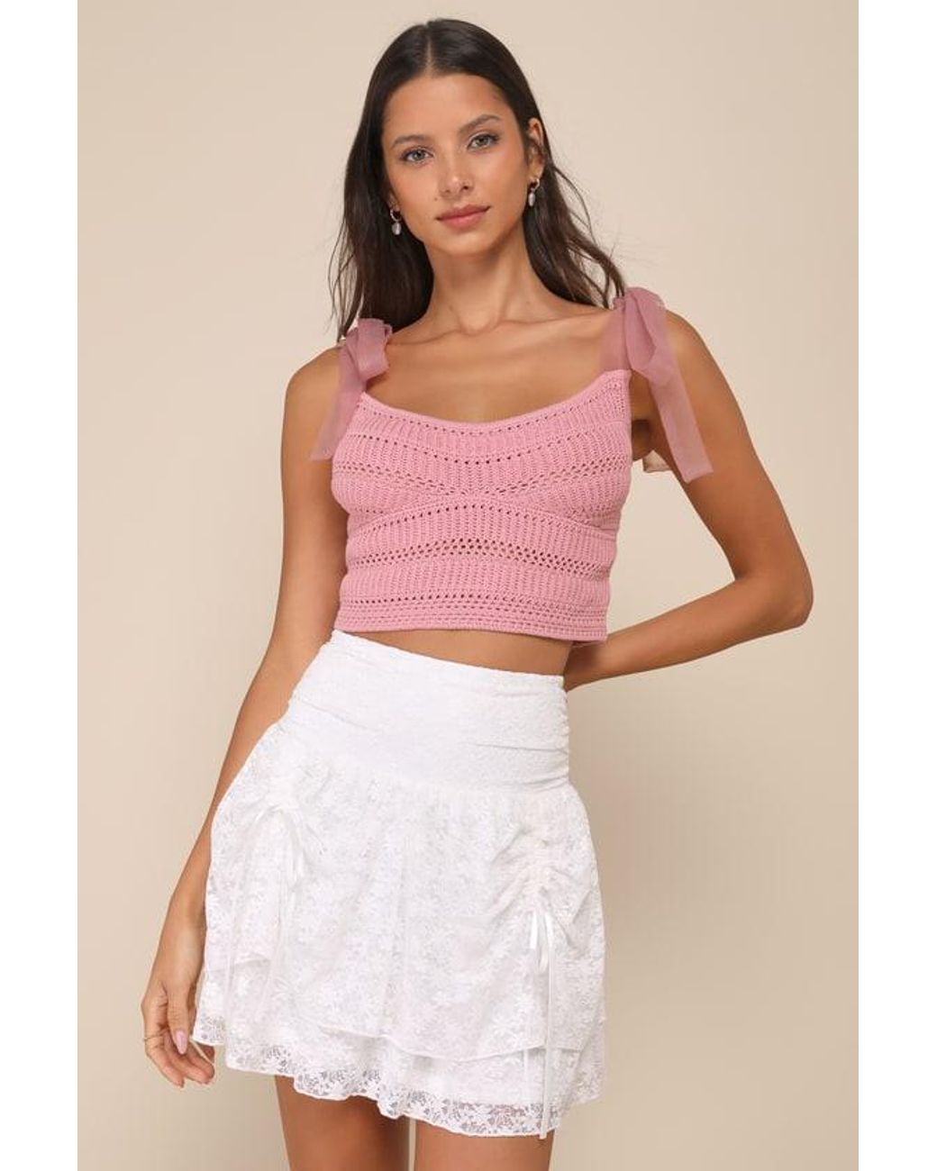 Lulus Delightful Sweetness Lace Ruched Drop Waist Mini Skirt in Pink Lyst UK