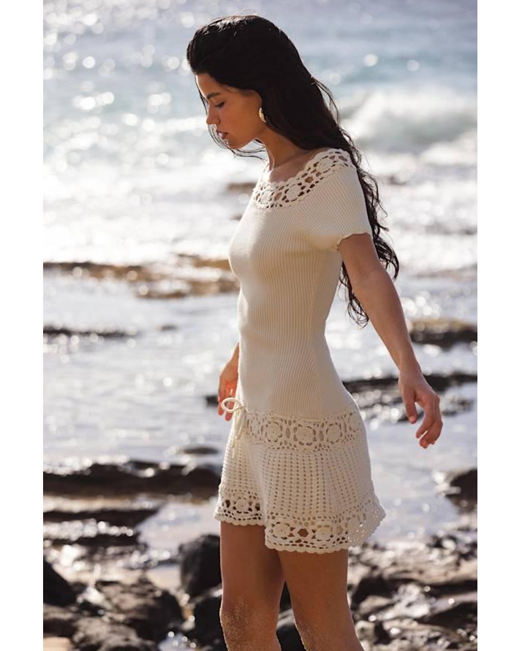 Frankie's Bikinis Libra Cream Ribbed Crochet Drop Waist Mini Dress in  Natural | Lyst