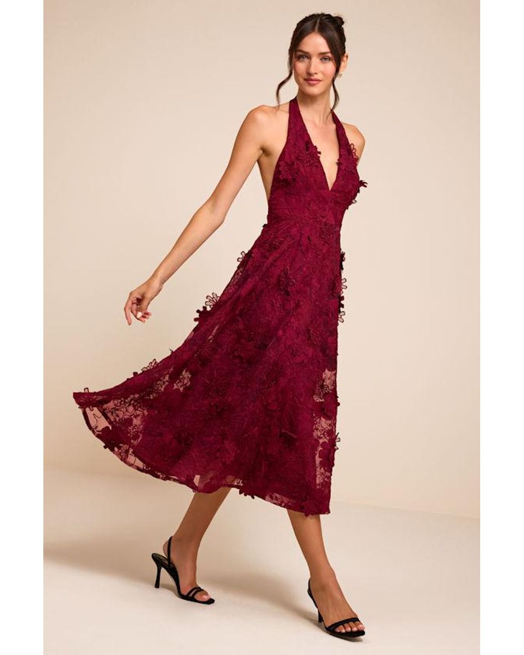 Lulus Kennia 3D Floral Embroidered Halter Midi Dress