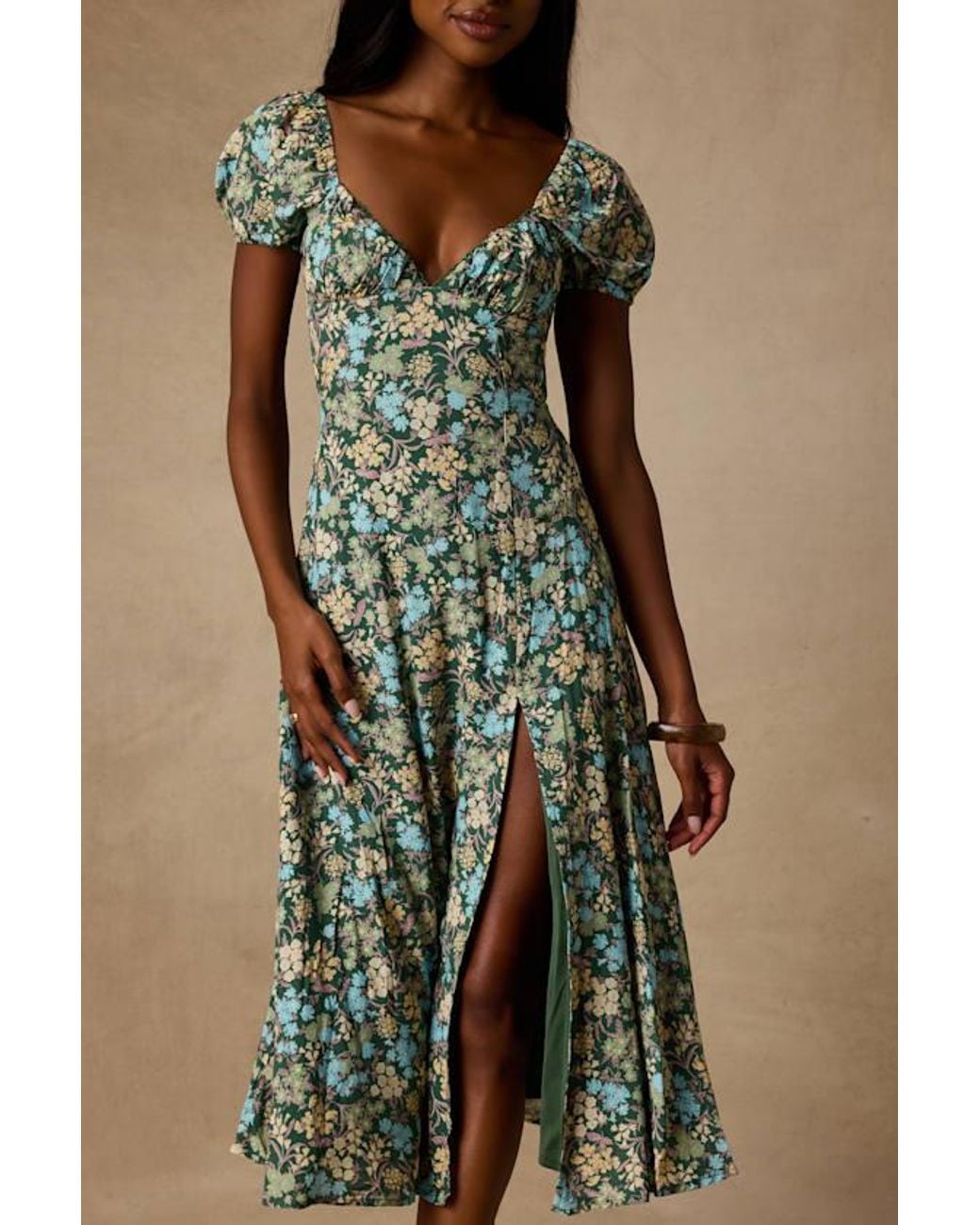 Lulus Green Meadow Muse Floral Tie-Back Puff Sleeve Midi Dress
