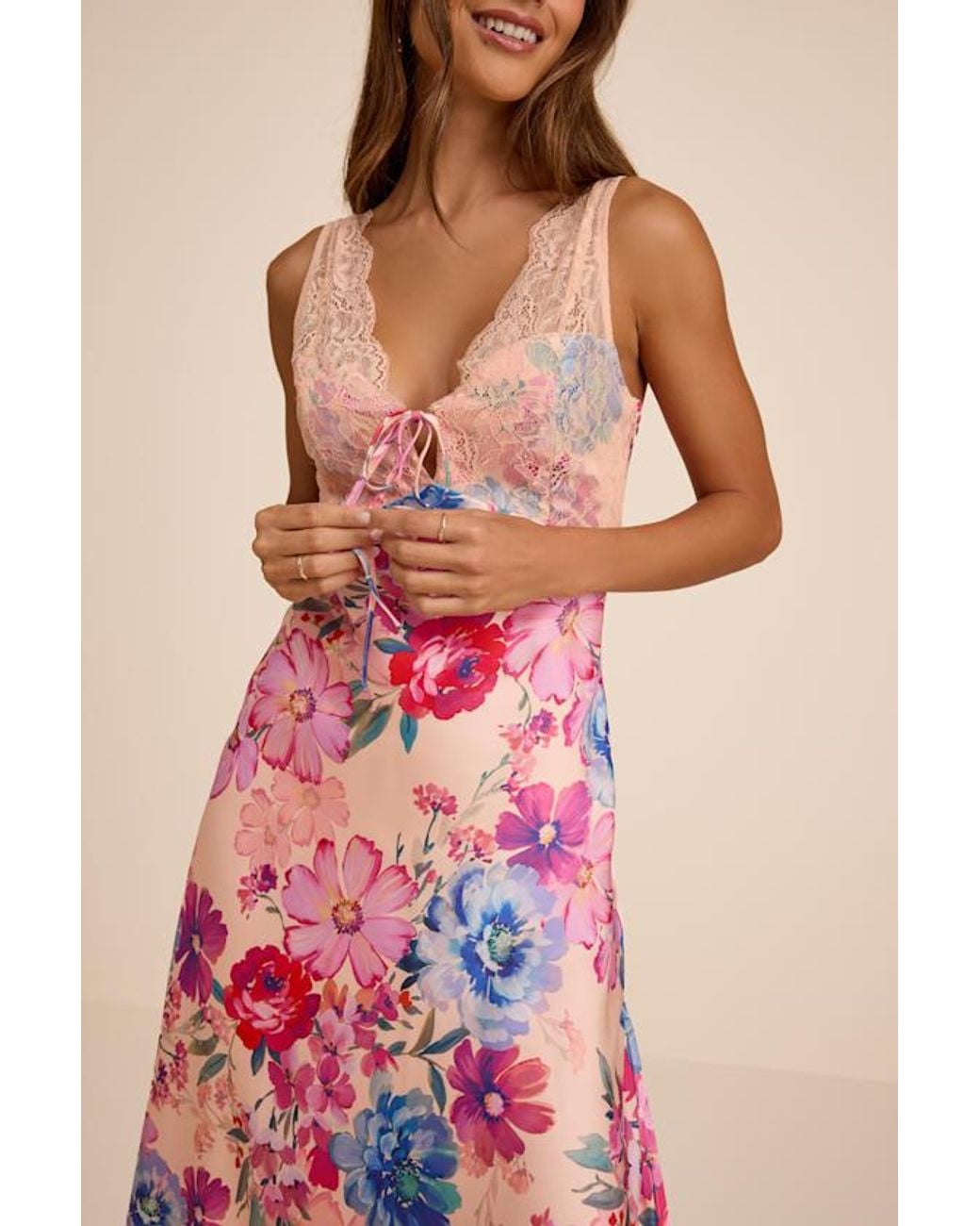 Lulus Pink Jaylene Blush Multi Floral Lace Tie-Front Midi Dress