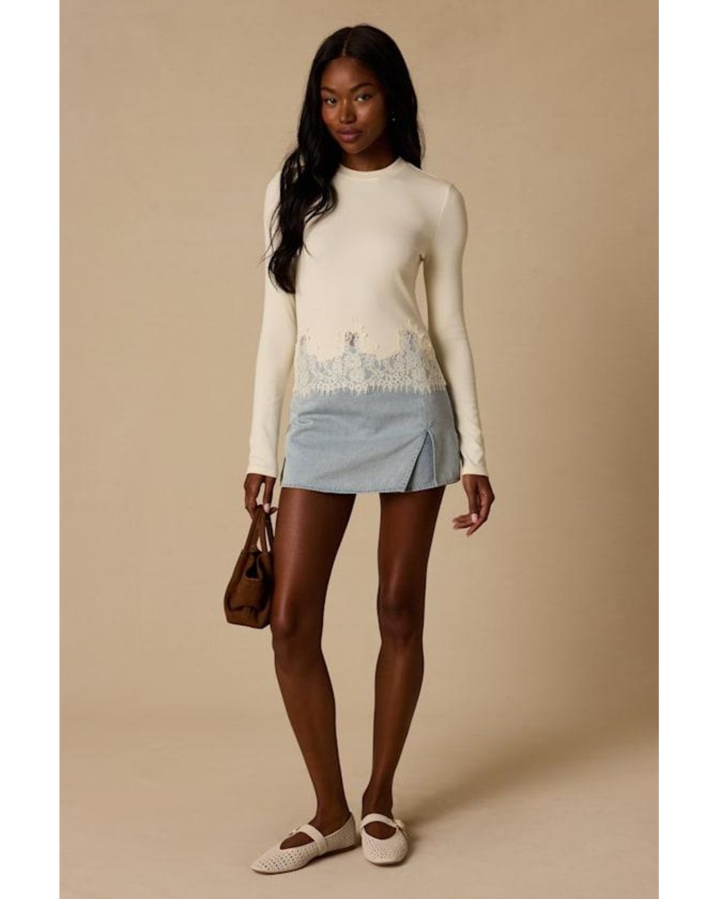 Lulus Natural Clarise Ribbed Knit Lace Long Sleeve Top