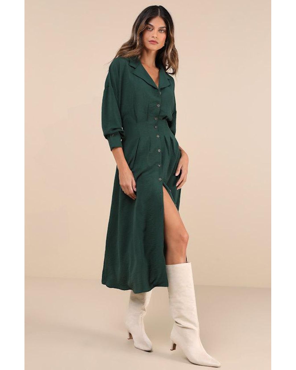 Lulus Green Timeless Class Collared Button-Up Pleated Midi Dress
