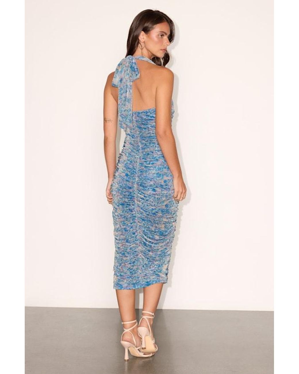 Lulus Blue Raina Floral Mesh Ruched Midi Dress