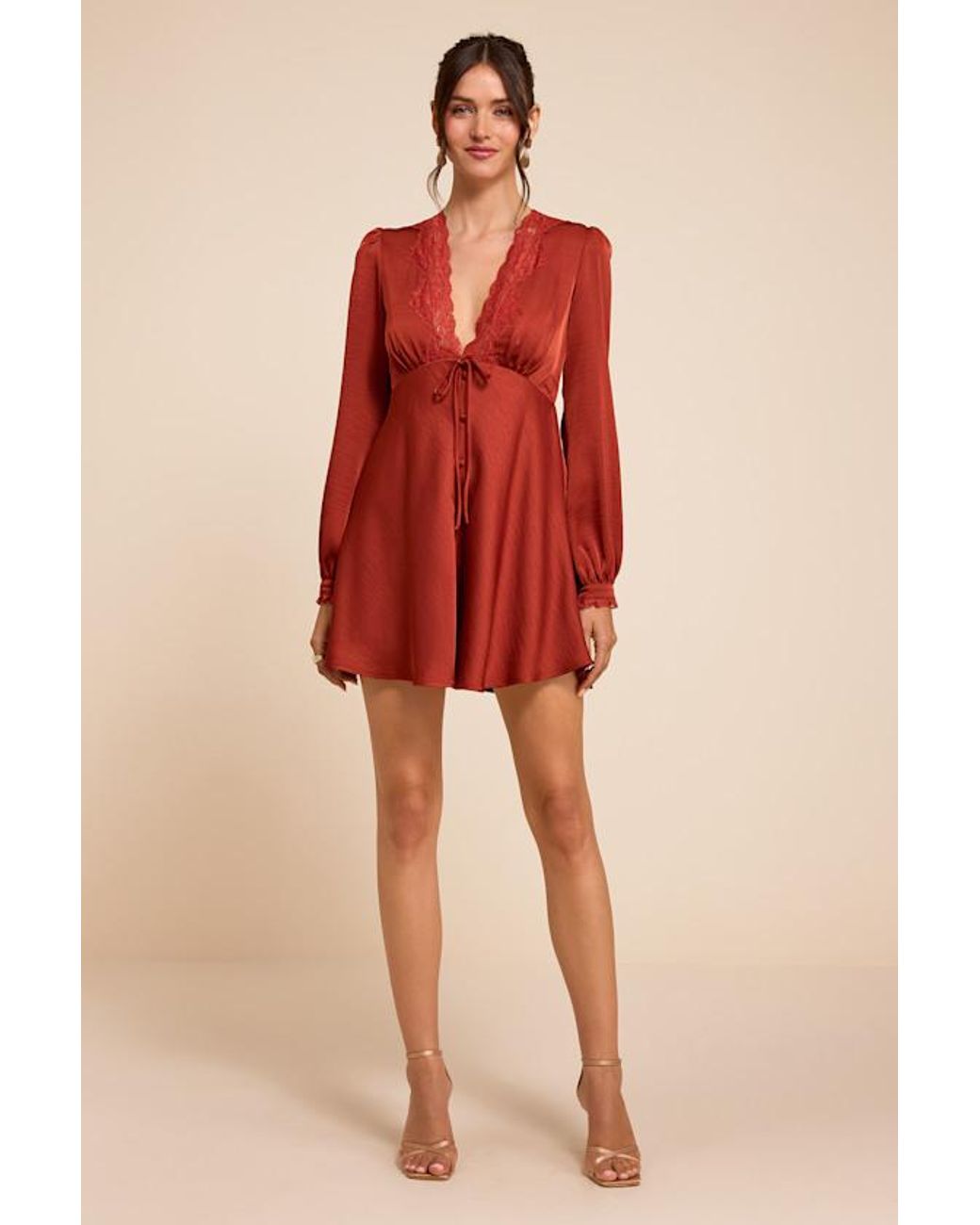 Lulus Red Goldia Satin Long Sleeve Babydoll Mini Dress