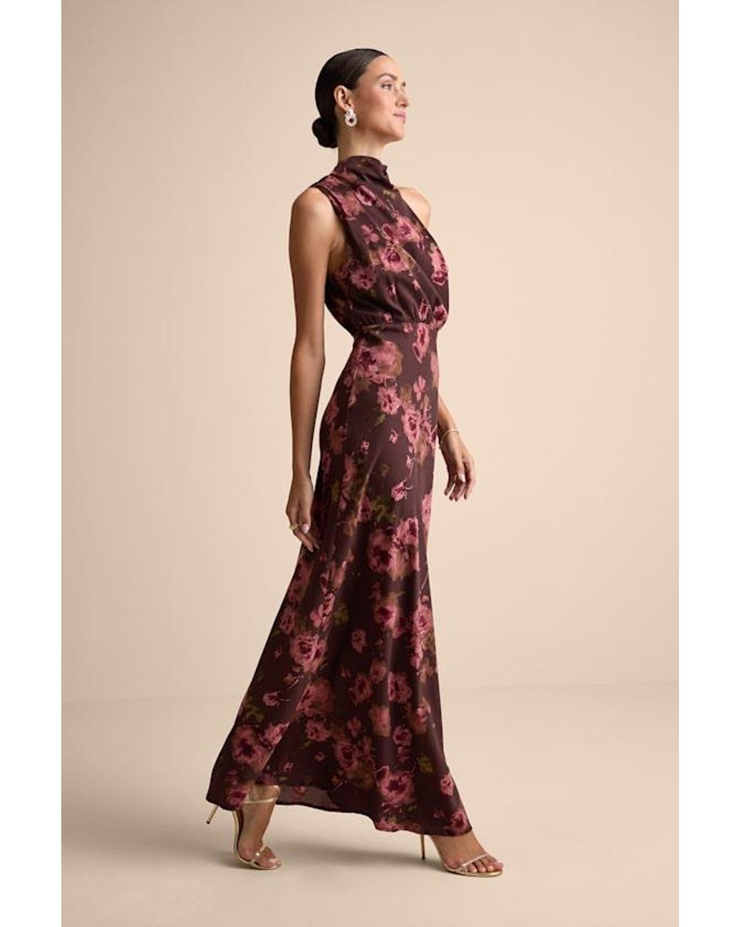 Lulus Brown Distinctive Charm Floral Satin Asymmetrical Maxi Dress