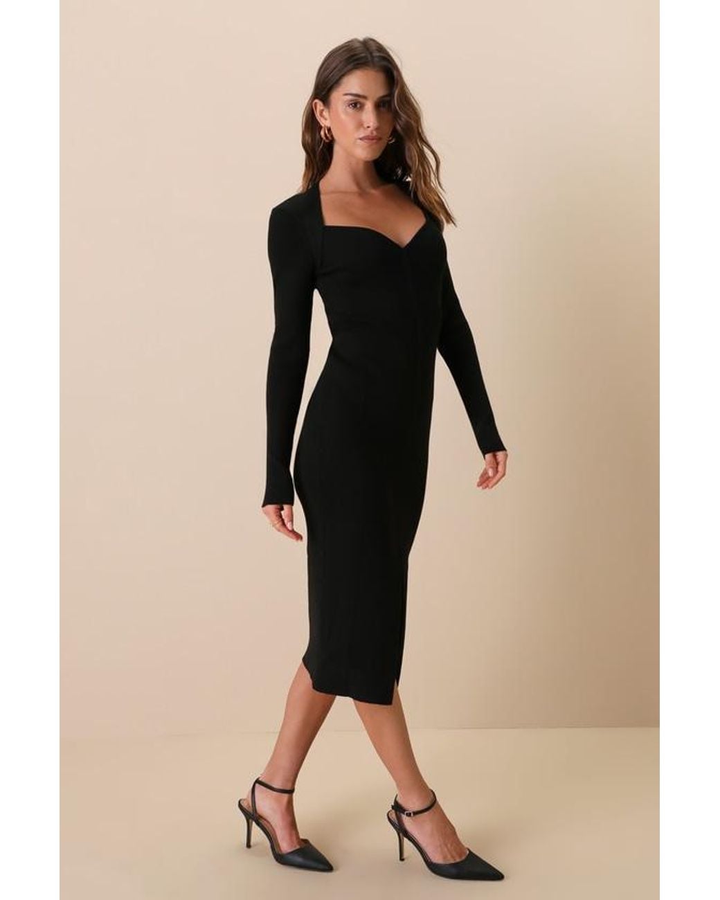 Lulus Natural Adoring Me Ribbed Long Sleeve Midi Sweater Dress