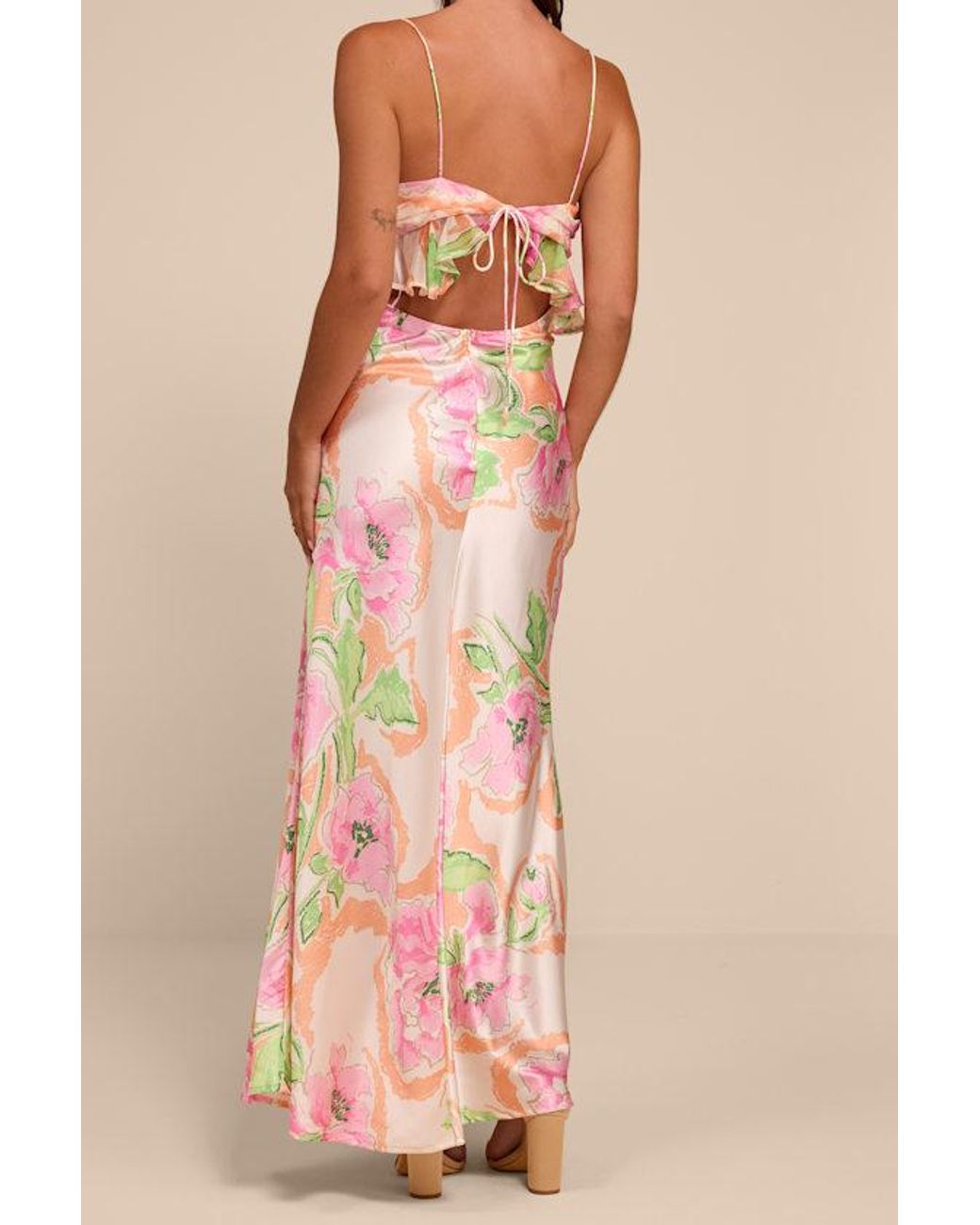 Lulus Pink Cattina Blush Multi Floral Satin Tie-Back Maxi Dress