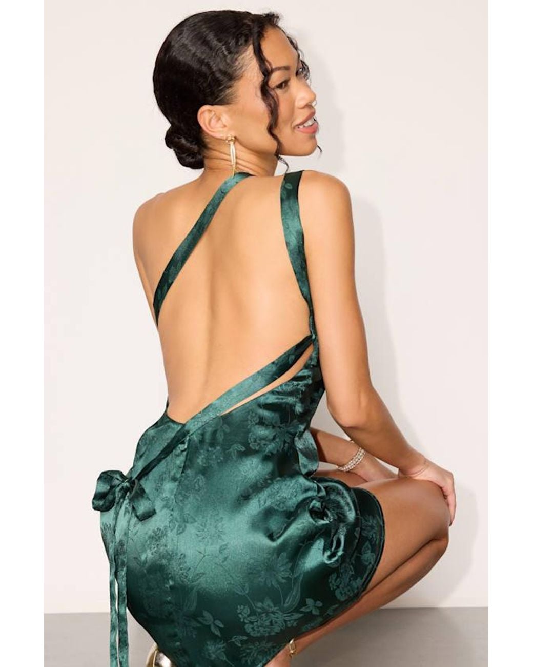 Lulus Green Yvonne Emerald Jacquard Satin One-Shoulder Mini Dress